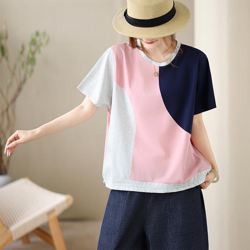 DIMANAF 2026 Plus Size Summer Women T-Shirts Casual Lady Tops Tunic Shirt Spliced Oversize Loose Tees Cotton