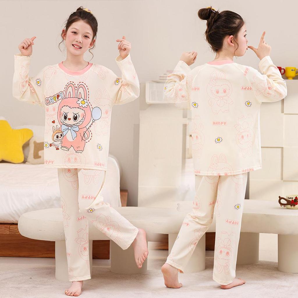 Spring & Autumn Cartoon Print Pajamas for Men & Girls – Light Homewear in Korean Style