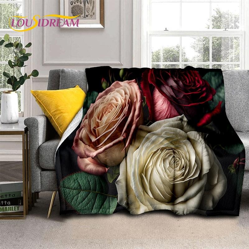 Mantas Suaves Románticas Nórdicas con Flores de Rosa 3D, Manta de Tiro para Mantener el Calor, Manta Cómoda para Picnic, Camas, Sofá, Dormitorio del Hogar, Regalo