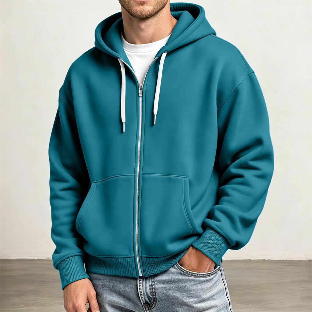 Men's Full Zip Hoodie Drop Shoulder Sleeves, Casual Long Sleeve Sweatshirt for Everyday Wear
