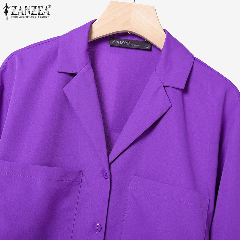 ZANZEA Women Turn Down Collar Long Sleeve Blouse Summer Shorts Two Piece Outfits