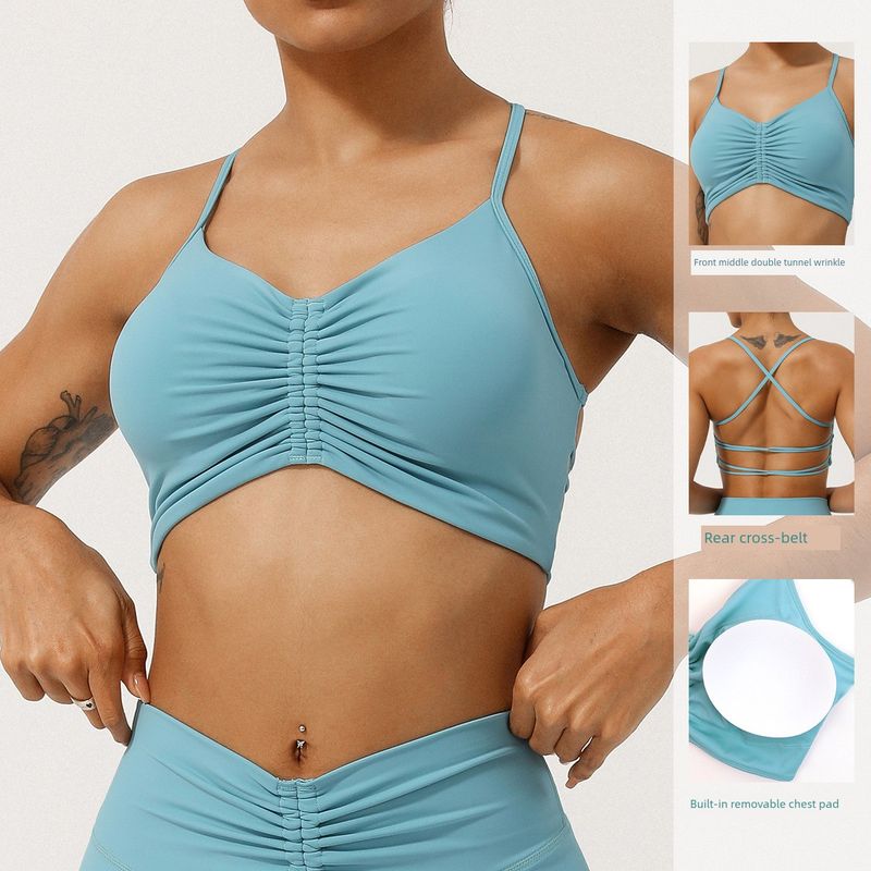 Cross-Border Summer New Wrinkle Yoga Bra Thin Strap Crossing Beauty Back Exercise Underwear Shockproof Push-up Workout Bra