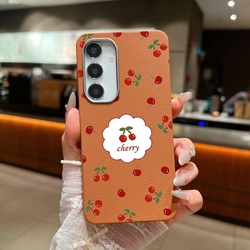 Cherry Pattern Soft Tpu Case for Samsung S25 S24 Fe S23 Ultra S22 S21 A16 A15 A55 A56 A35 A36 A25 Shockproof Slim Leather Texture Case Cover