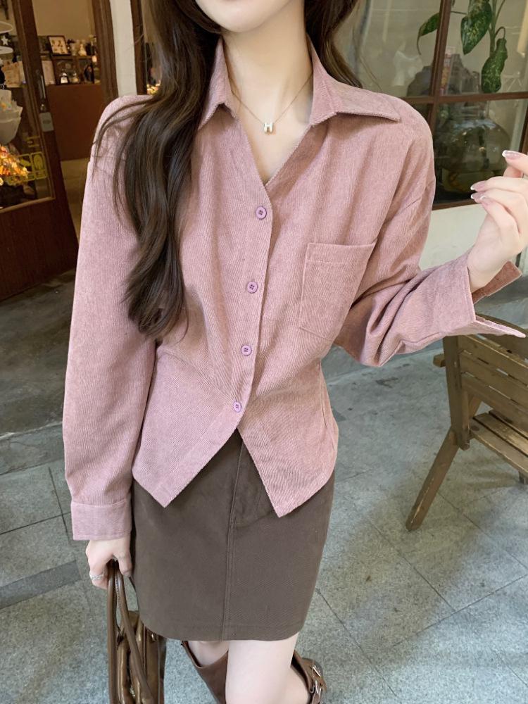 Autumn/Winter Korean Corduroy Tie-Up Lapel Shirt for Women - Elegant, Slimming, Chic, and Versatile Top