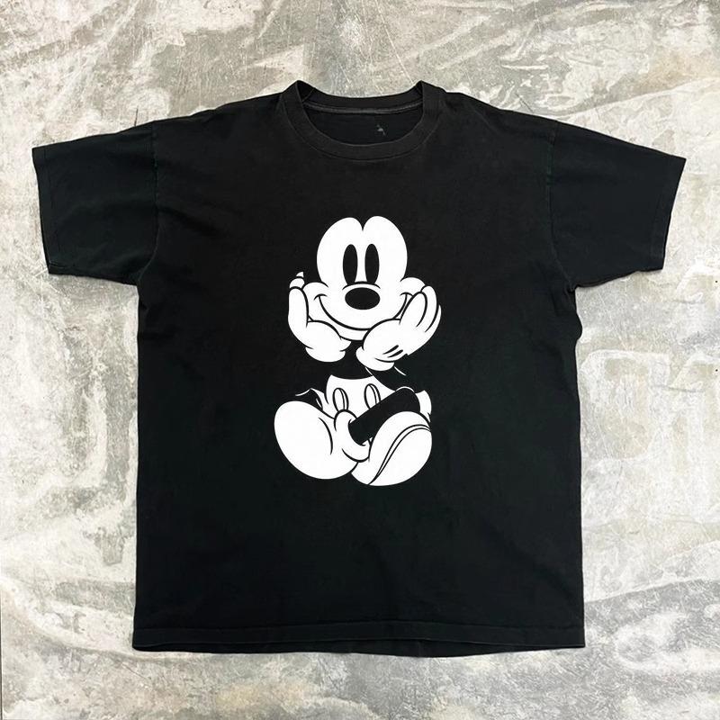 MINISO 2025 New Creative Black and White Mickey Print Women Men Couple Tshirt Casual Loose Y2K Round Neck Womens Top