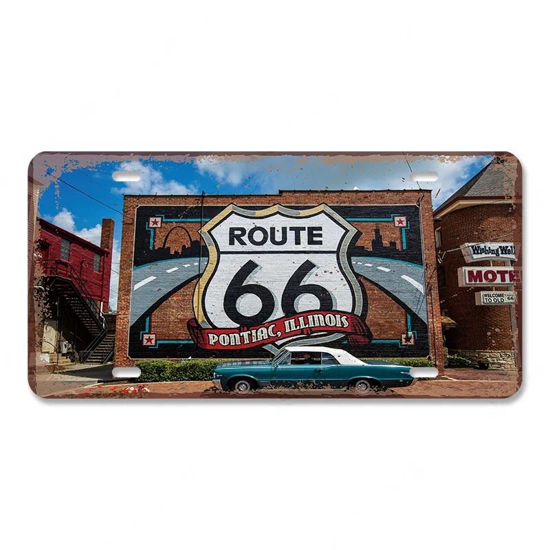 Vintage Metal Tin Signs Decor Route 66 License Plate Motorcycle Car Metal Posters Wall Decor for Garage Bar Pub Moto Club