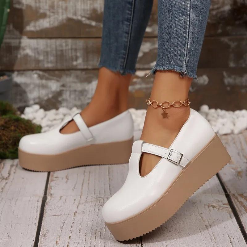 Women's Loafers Platform Sole Wedge Heel One-line Buckle Large Size Shoes Women Leisure Office Roman Zapatillas De Mujer