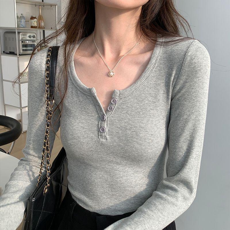 American-Style Button-Down Half-Open Collar Long-Sleeve Slim Fit Korean Base Layer Top