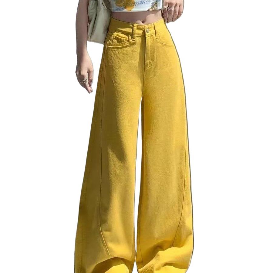 High Street Women's High-Waisted Yellow Wide-Leg Jeans - 2026 Summer Casual Hip-Covering Scythe Pants