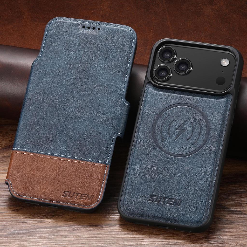 Funda abatible de cuero para iPhone 17 Pro Max con ranura para tarjeta, cierre magnético, carga inalámbrica y soporte.