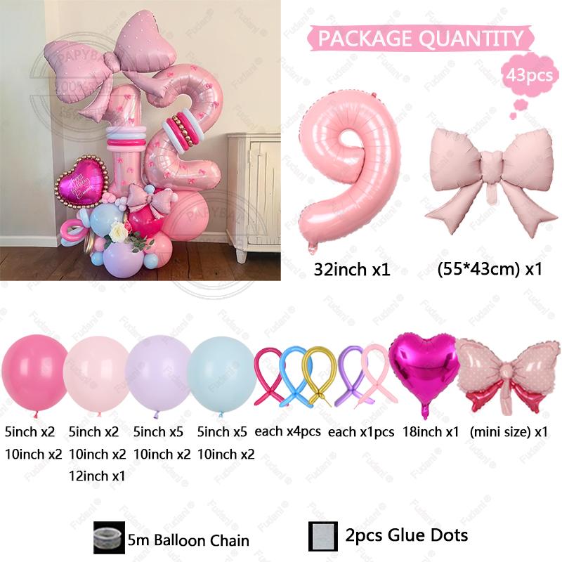 43PCS Pink Bow Theme Bouquet Balloon Set with 32inch Pink Number Girl First Birthday Party Decoration Baby Shower Helium Globos
