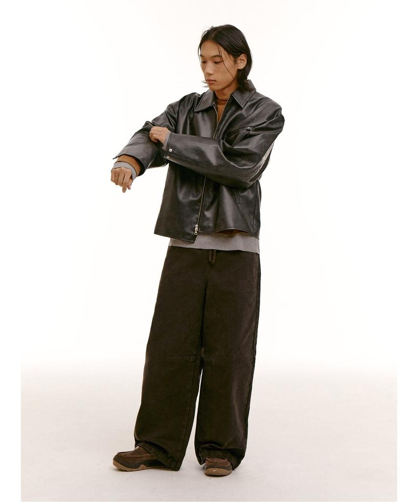 Saendeusaundeu (Unisex) Washed Cation Elastic Waist Balloon Pants Brown