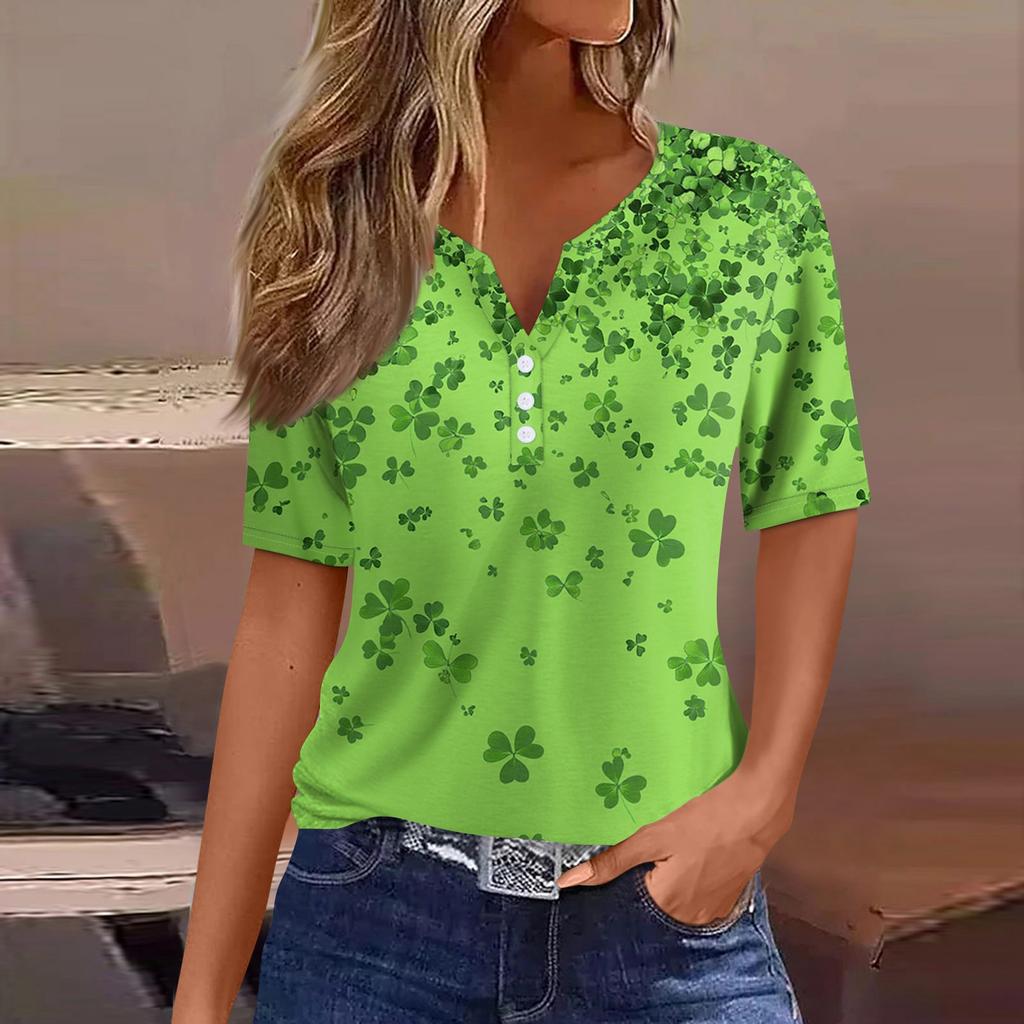 Women's T Shirt Tee Print Button Short Sleeve Daily Weekend Fashion Basic V- Neck Regular Top  St. Patrick's Day