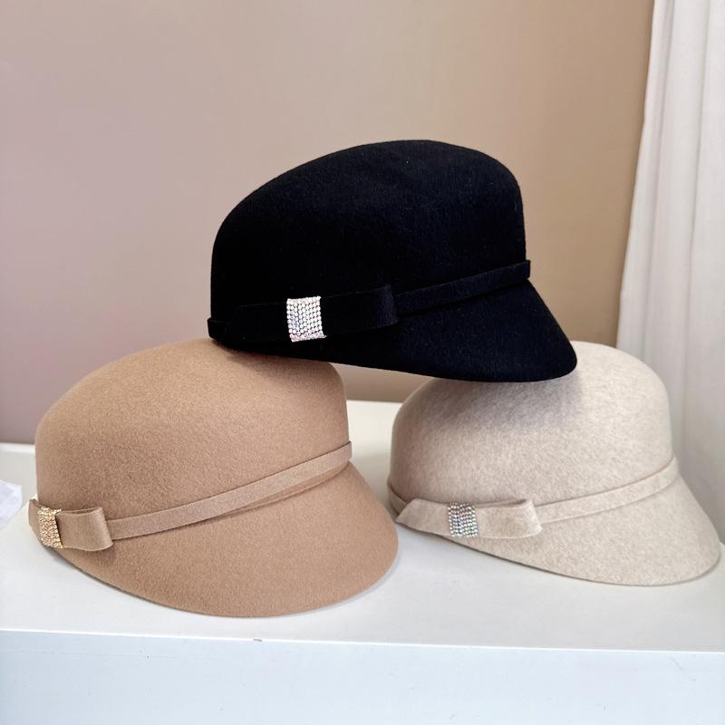 Französischer Promi-Reiterhut mit Strassschleife Herbst-Winter-Hut aus australischem Wollfilz Premium-Newsboy-Hut für den Außenbereich