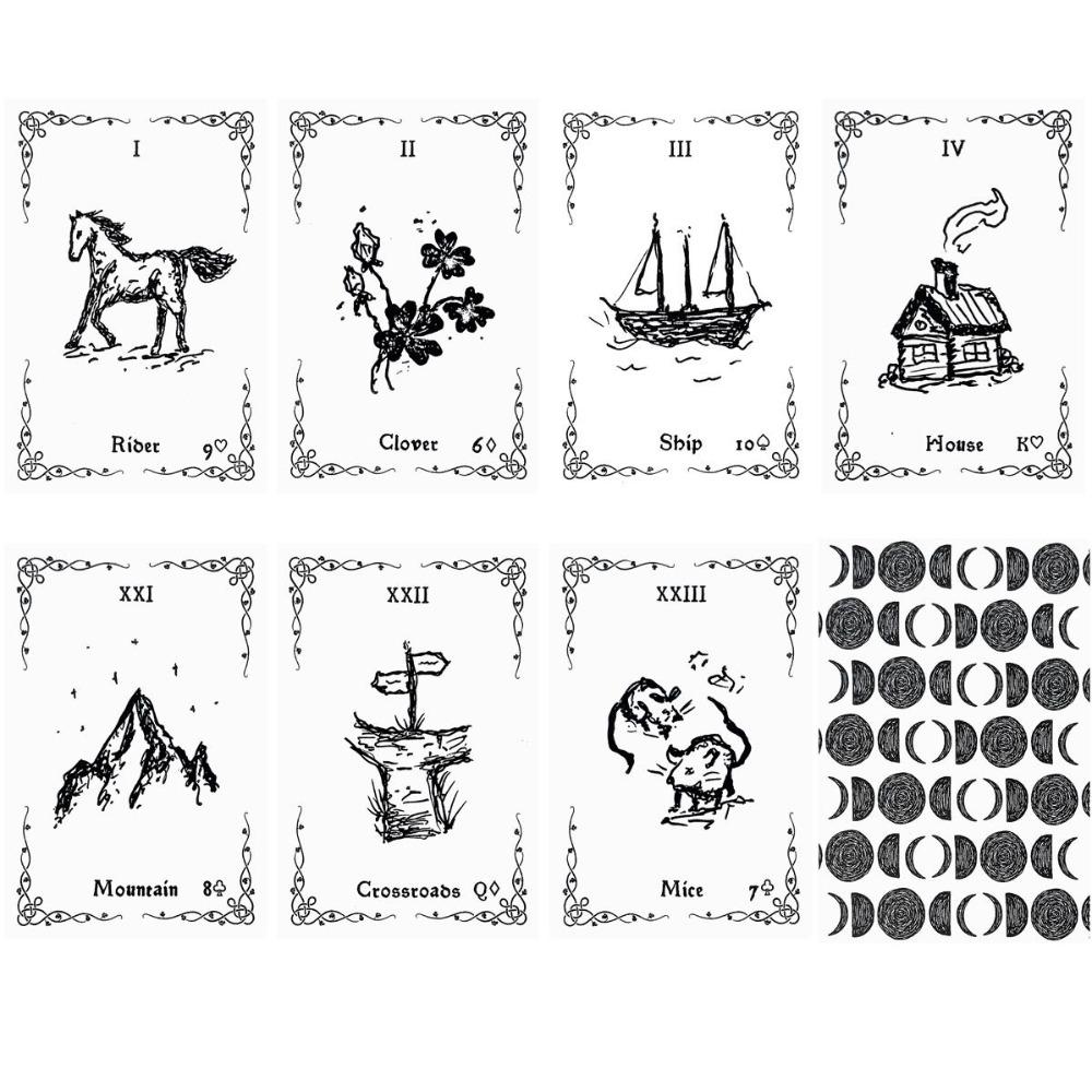 9*6cm Luna Lenormand Deck - 36 Minimalist Black and White Oracle Cards Hand-Drawn Sketch Style