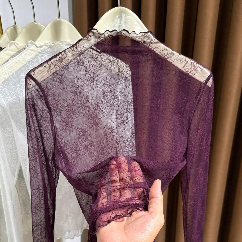 Purple Lace High Collar Sheer Slimming Top - Women's Fall Fashion