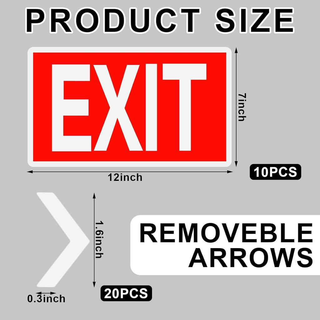 10 Pcs Exit Signs Glow In the Dark Exit Signs for Business 12 X 7 Inch Photoluminescent Signs Stickers with Arrows for Indoor Outdoor for Business,