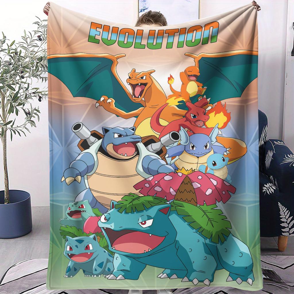 Klassische Pokemon-Entwicklungslinie Druck Fleece-Kuscheldecke für Fans Qualität Weich Warm Decke für Reise Picknick Zuhause für Mädchen Jungen