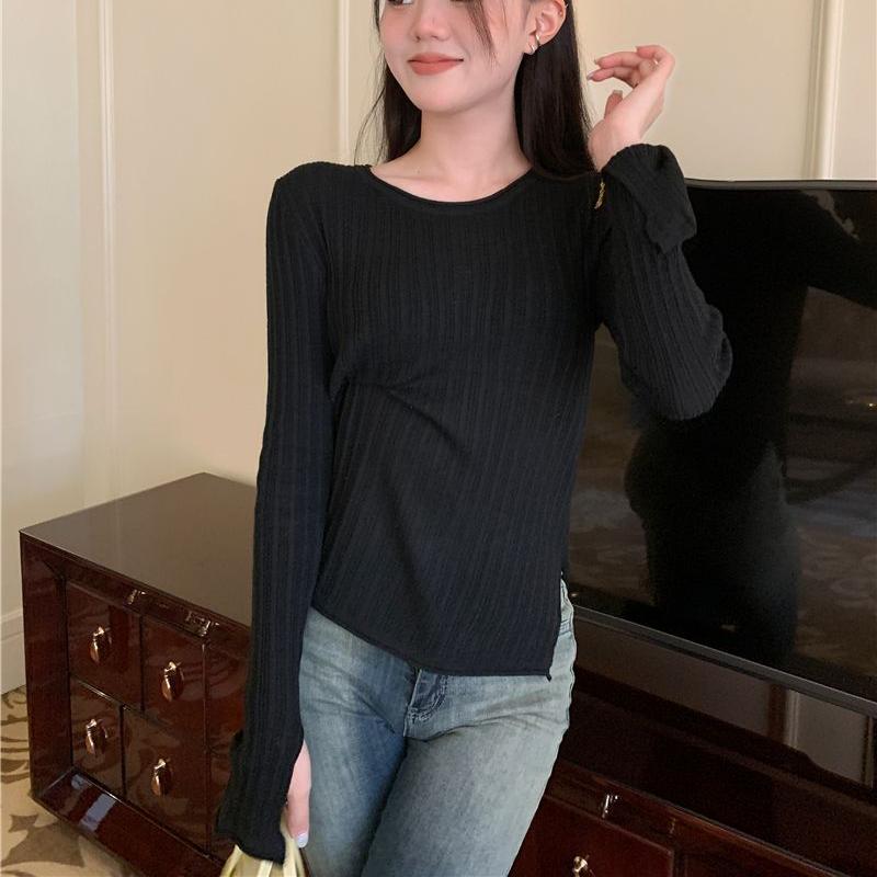 Split Hem White Knitwear Women's Autumn and Winter French Style Long Sleeve Thin Inner Base Layer Top