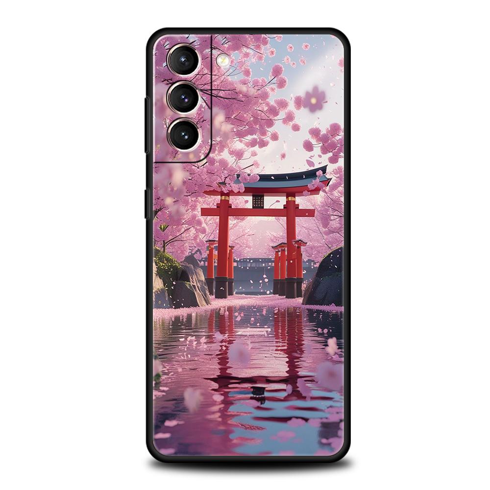 Japanese Style Temple And Cherry Blossoms Phone Case for Samsung Galaxy S25 S24 S23 S22 S20 S21 FE Ultra Plus S25Edge Soft TPU