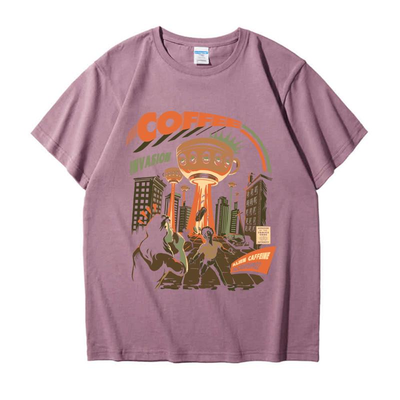 

220GSM Тяжелая футболка из 100% хлопка Футболка с принтом «Кофейное вторжение» Мужская повседневная футболка с круглым вырезом Базовые мужские топы Футболка