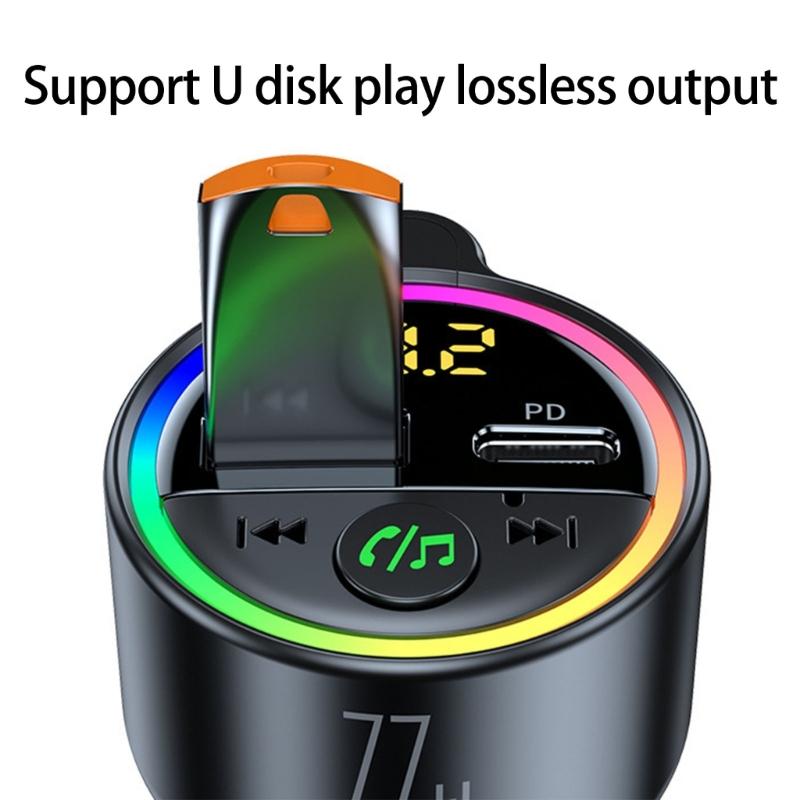 77W Bluetooth-compatible 5.4 FM Transmitter Car Adapter 65W+12W Fast Charging Car Adapter Call Sound LED Display