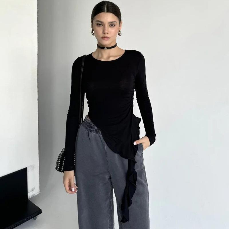 Damen Frühling und Sommer Neue Persönlichkeit Unregelmäßig Gestrickt Schlanke Damen T-Shirt Im Inneren Der Langen Ärmeln Bottoming Shirt