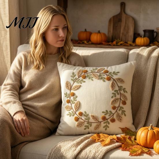 Fall Decorative Pillow Covers Autumn Wreath Cushion Cover, Thanksgiving Throw Leaf Embroidery Autumnal Bedroom Accent Cover Case for Sofa Couch