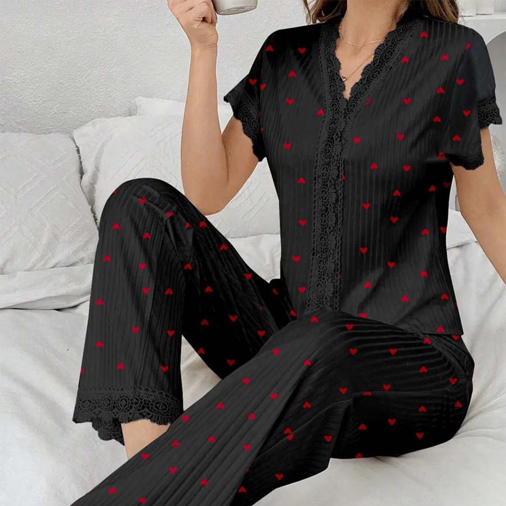 Dantel Kenarlı Kadın Pijama Takımı Kısa Kollu Ön Düğmeli Üst ve Uzun Pantolon Kiraz Desenli 2 Parça Gecelik Gecelik Ev Giyimi