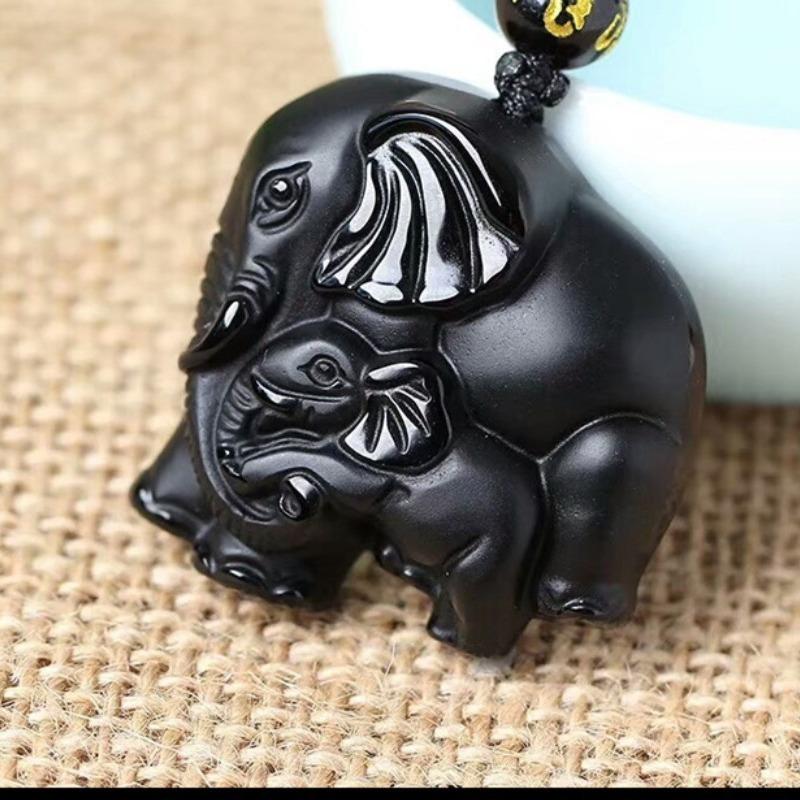 High-quality Obsidian Elephant Mother-child Pendant for Men and Women Crystal Obsidian Elephant Mother-child Pendant