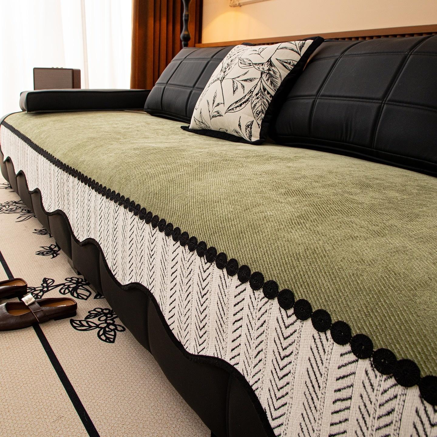 

Контрастный черный белый подол шениль чехол для дивана, для гостиной все сезоны противоскользящий чехол на сиденье дивана твиловый декор для мебели 90x90cm зелёный