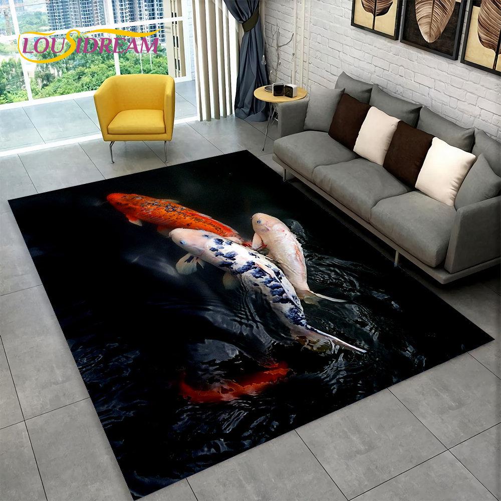 3D Pastoral Tai Chi Carp Fish Area Rug,Carpet Rug for Living Room Bedroom Sofa Doormat Decor,Kid Play Kitchen Non-slip Floor Mat