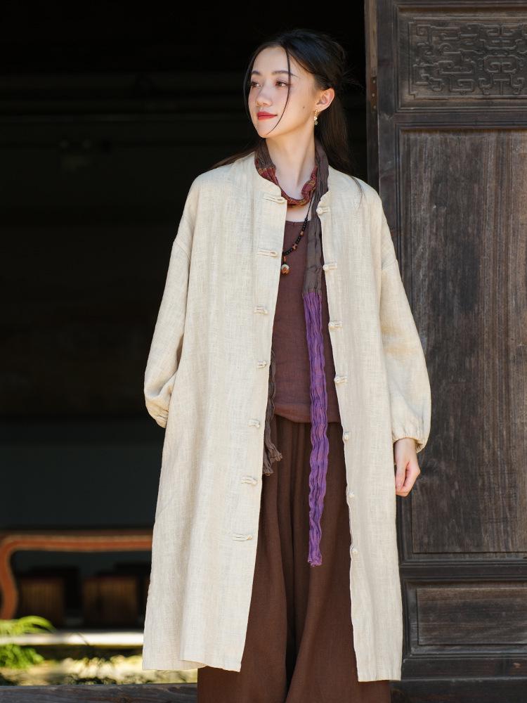 

Весна 25: Женский ретро тренч из хлопка и льна в китайском стиле с застежкой-пуговицей One Size