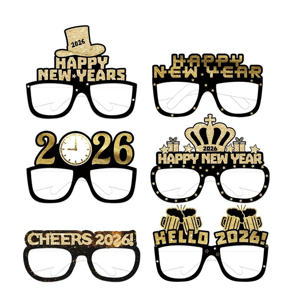 12/6pcs Happy New Year Paper Glasses 2026 Eyeglasses Frame Photo Booth Props New Year's Eve Party Decoration Christmas Supplies