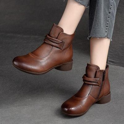 Retro einfarbige kurze Stiefel aus echtem Leder, runde Zehen, seitlicher Reißverschluss, niedriger Absatz, lässige Damenschuhe