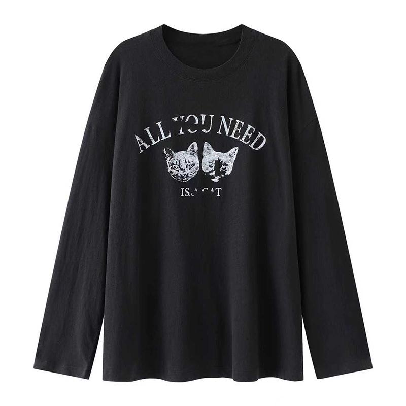 

Qin Lan 2026 Spring Cute Pet Print Loose Long Sleeve T-shirt for Women Small