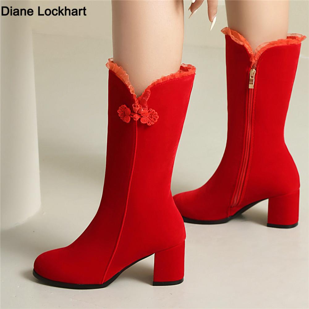 Fashion Elegant Flock Mid-calf Boots Women Shoes Woman Fashion Mid Heels Winter Lace Party Boots Black Red Bottine Mujer Large Size33-43