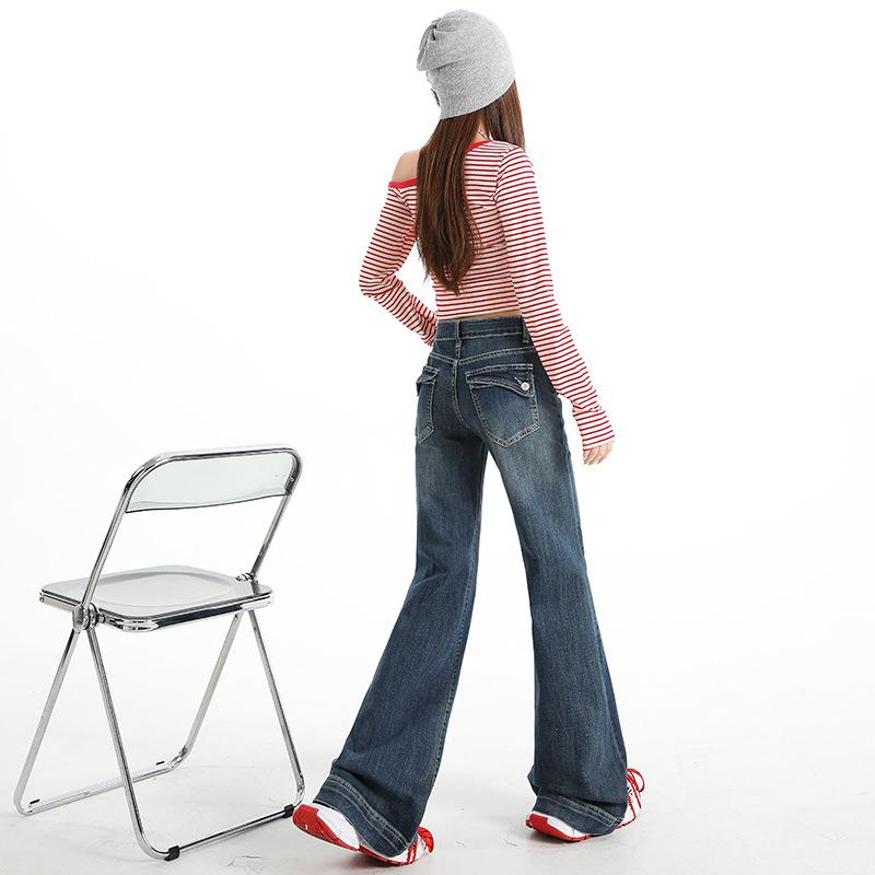 Blue denim micro-pull pants women's spring new design sense retro design sense back bag floor pants