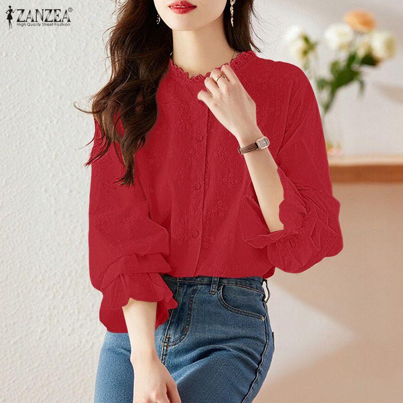 ZANZEA Bluză casual de damă cu gât rotund, largă, cu mâneci lungi, patchwork