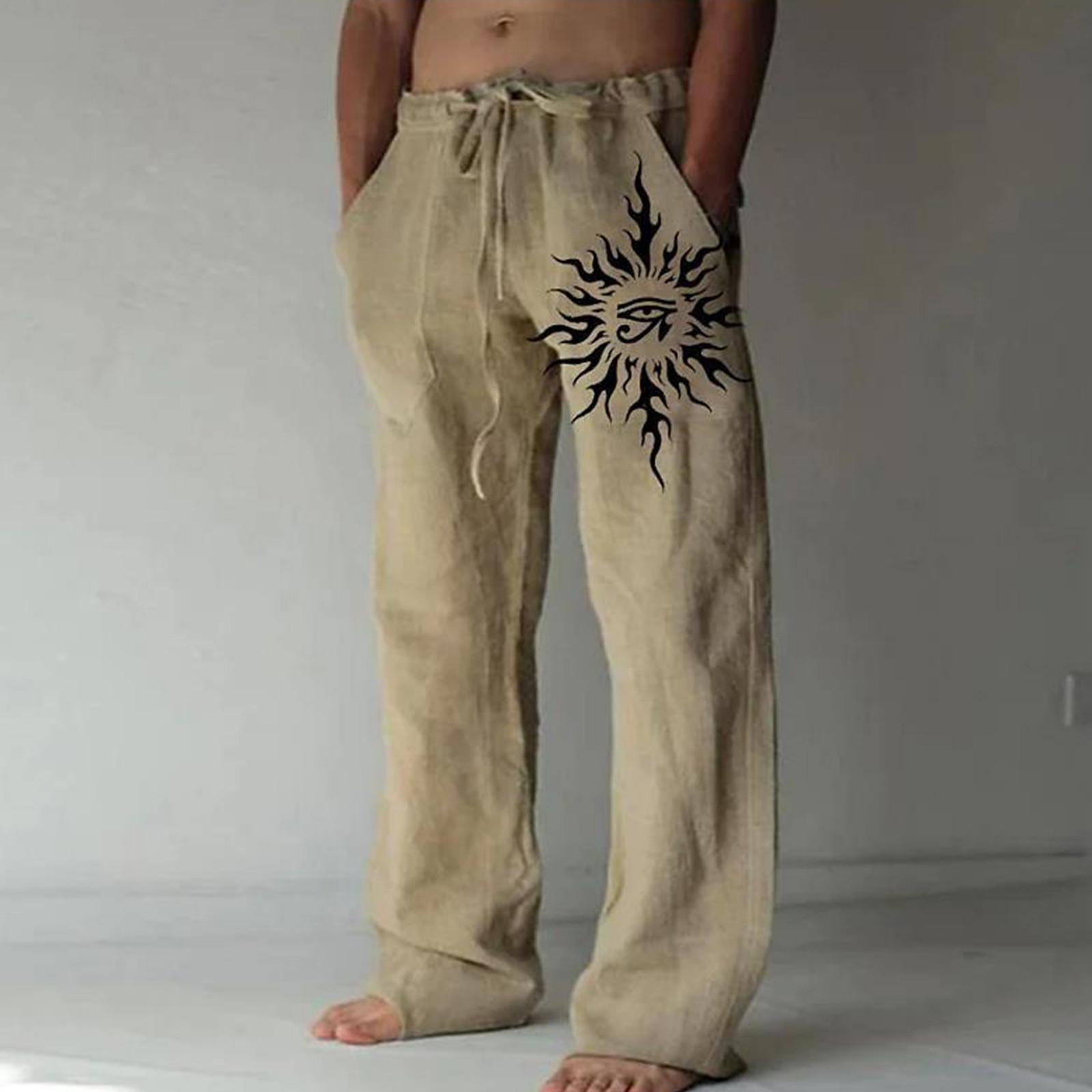 

Мужские свободные повседневные однотонные хлопковые льняные брюки с эластичным галстуком и принтом, прямые брюки XXXL хаки