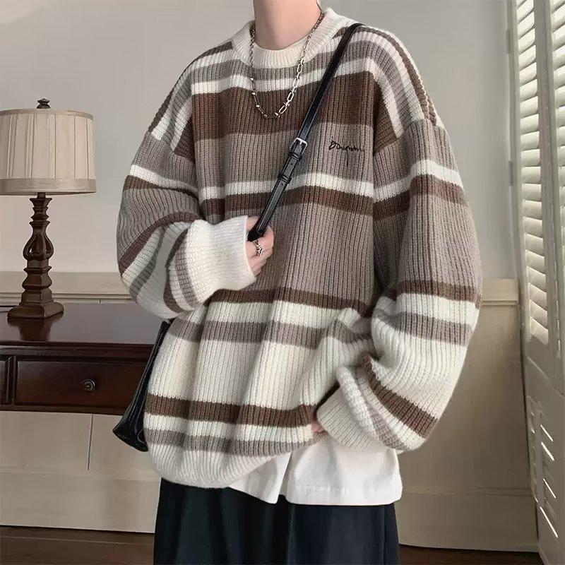 Autumn New Contrast Striped Sweater Men's Birthday Retro Couple Sweater Unisex Round Neck Sweater