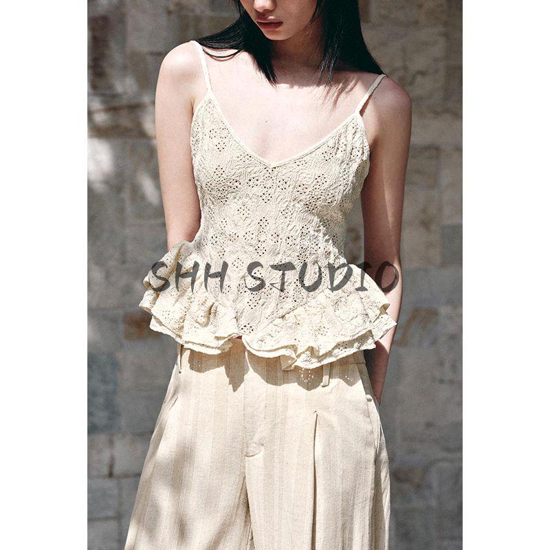 Summer New Product Women's Clothes Sweet Style Cut Out Embroider Short Skirt Hem V-neck Strap Tops 0085159