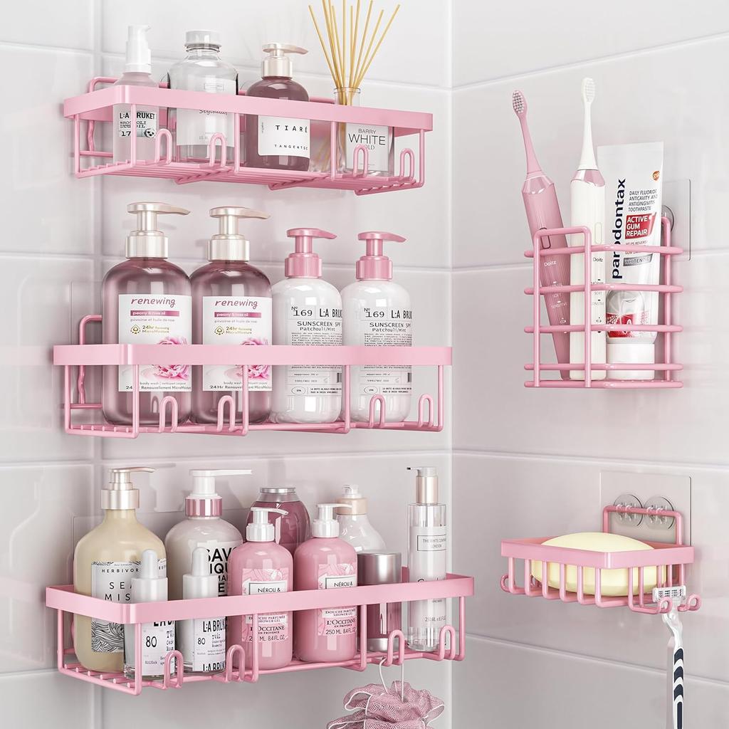 5 Pack Shower Caddy Organizer Rack Shelf for Inside Shower, Adhesive Bathroom Wall Storage Basket Rustproof Stainless Steel Shampoo Holder, Girly
