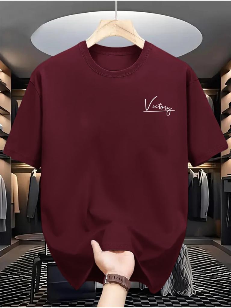 Mens Summer 100 Pure Cotton Fashionable Casual Sports Loose Victory Letters Printed Round Neck Short Sleeved Tshirt Top