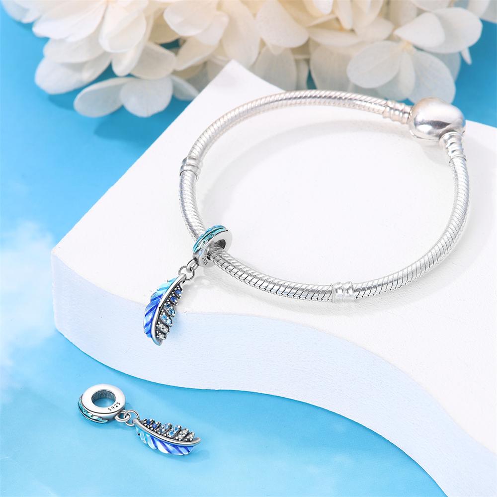 Original Charms Copper Blue Feather Pendant Beads Fit Bracelet Women Jewelry Making Diy Gift
