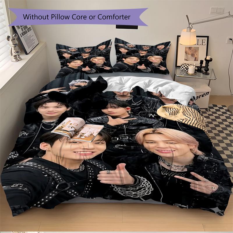 3Pcs Kpop Stars Black Leather Bedding Sets For All Sizes New 3D Printed Bed Cover Comforter Duvet Cover Pillowcase Bedroom Decoration