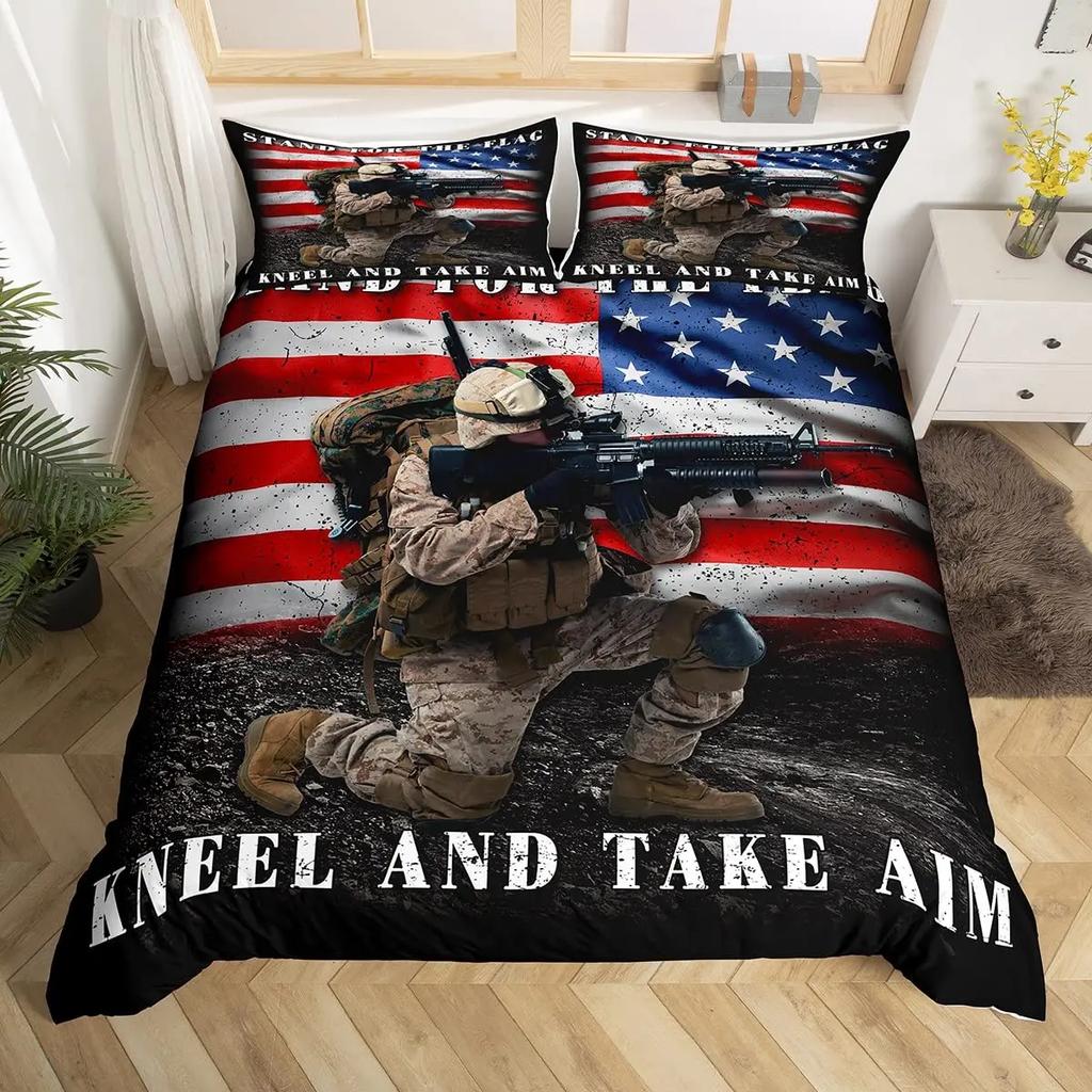 Boys Army Green Duvet Cover Set Full King Size,Classic Camouflage Bedding Set,USA Soldier Silhouette Comforter Cover Quilt Cover