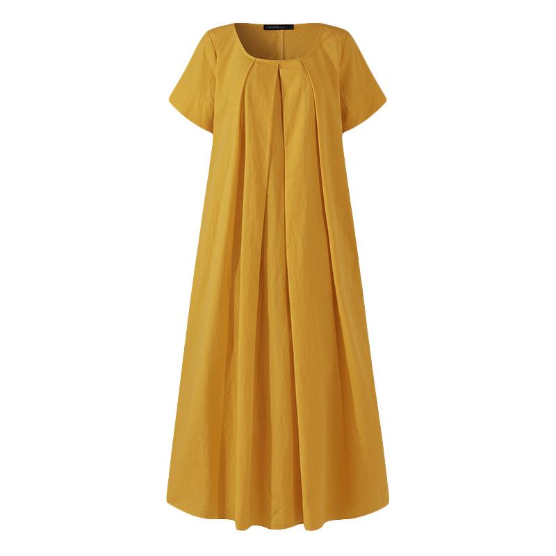 Vestido Maxi de Algodón y Lino de Verano para Mujer, Vintage Artístico de Color Sólido con Cuello Redondo de Manga Corta Holgado Talla Grande Casual Largo