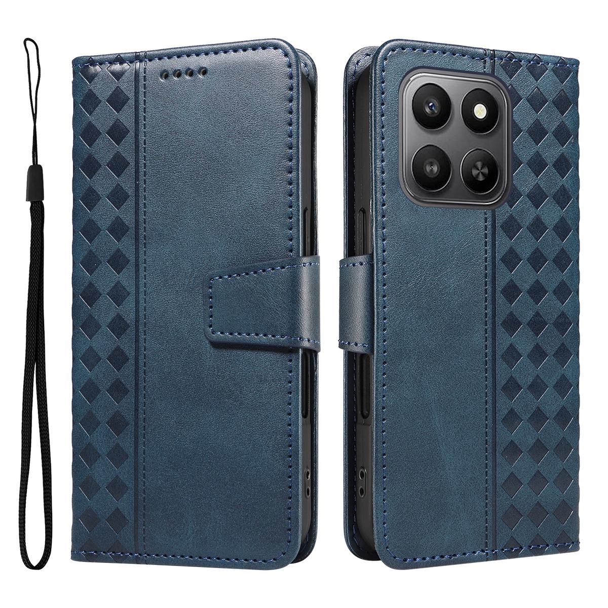 

For Honor 400 Smart 4G Leather Case Wallet Stand Grids Imprinted Phone Cover with Strap