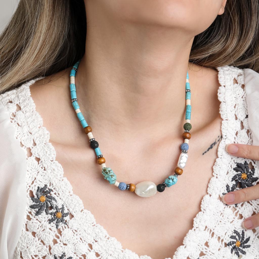 BLINGBAY Kadın Boncuklu Kolye Bohem Retro Etnik Turkuaz El Yapımı Boncuklu Ahşap Boncuklar Düzensiz Kolye Kız Doğum Günü Hediyesi